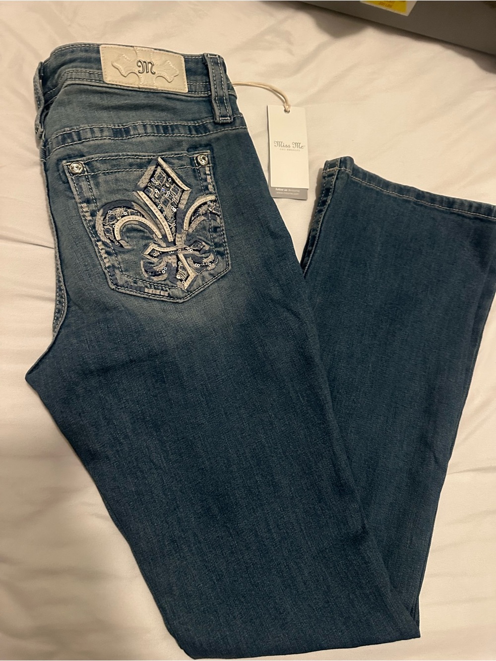 Miss Me Women's Bootcut Jeans Embellished Fleur De Lis Pockets Low Rise Sz 30